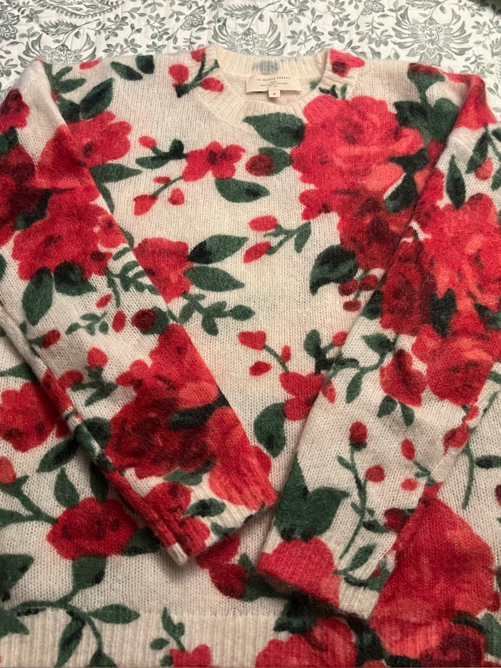 Sezane Cream Crewneck Sweater with Red Rose Print - Picture 2 of 5